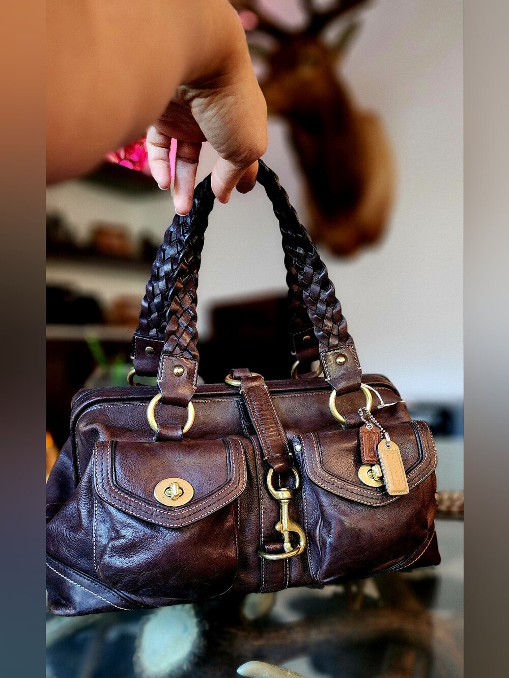 Coach Brown Leather Satchel Bag with Braided Handles
